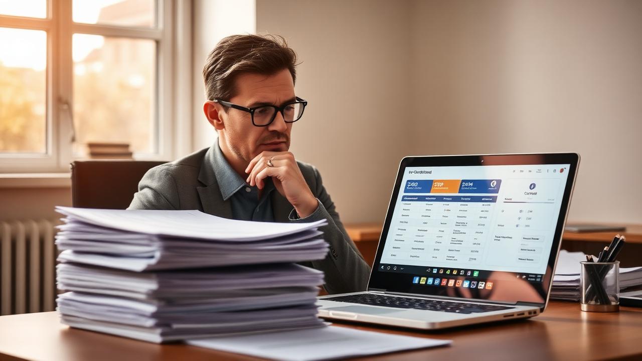HR manažér porovnáva tlačené životopisy s kandidátskym dashboardom na laptope.