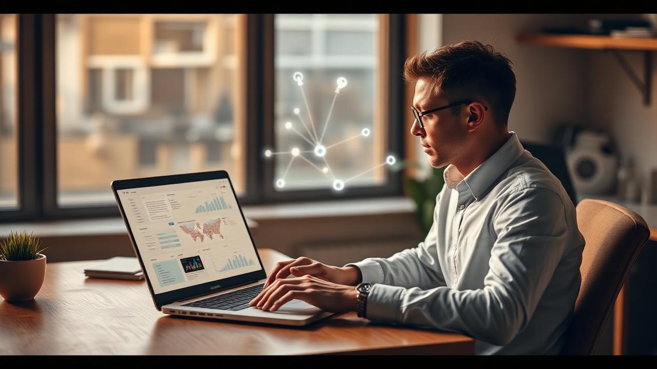 Majiteľ firmy pracuje s AI dashboardom, na pozadí holografické agentové uzly.