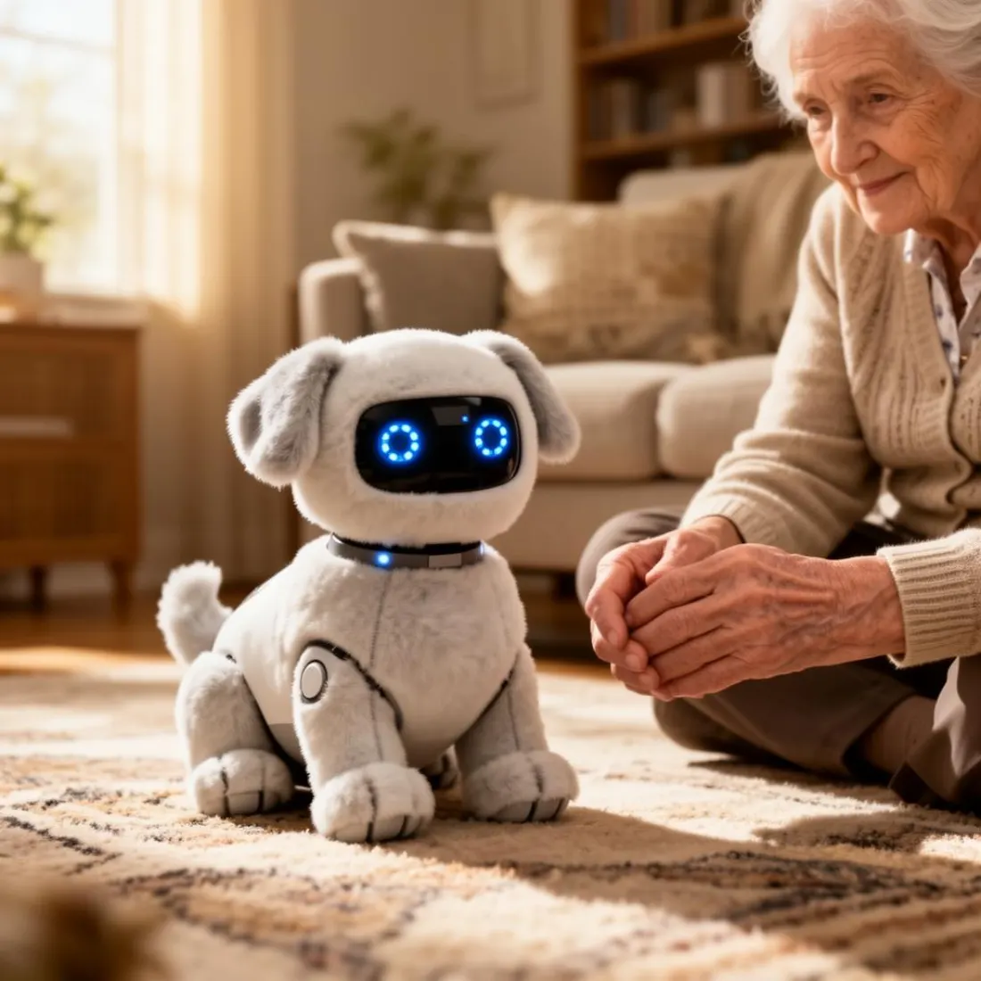 Plyšový štvornohý AI robot sediaci v obývačke vedľa staršej osoby.