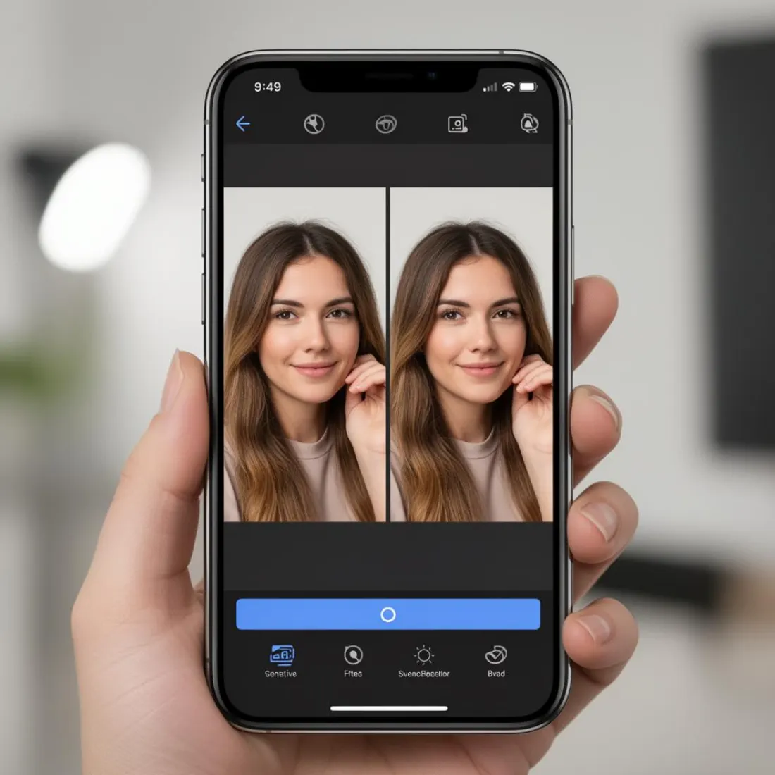 Smartfón s otvorenou AI fotoeditorskou aplikáciou premieňajúcou selfie na portrét.