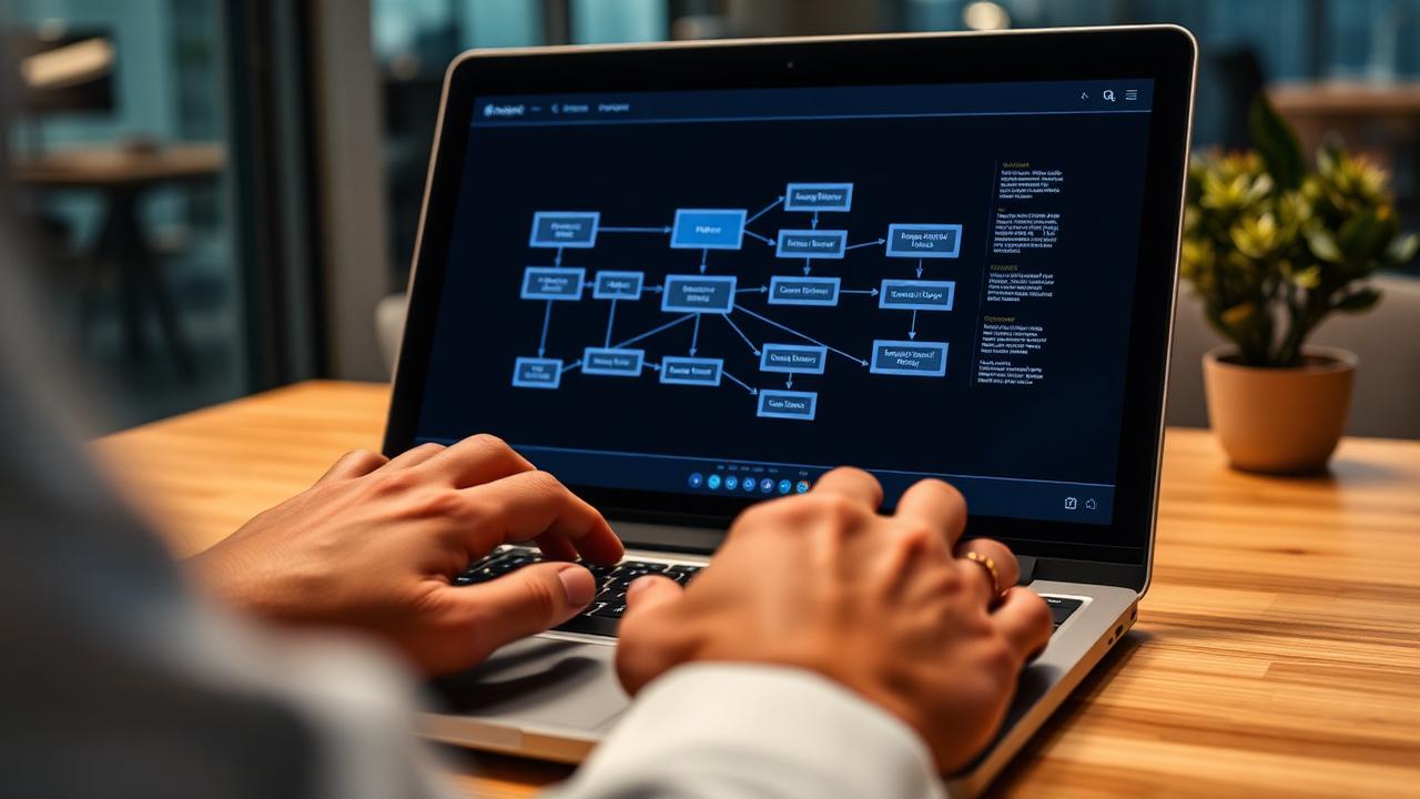Detail laptopu s vizuálnym workflow diagramom a rukami operátora na klávesnici.