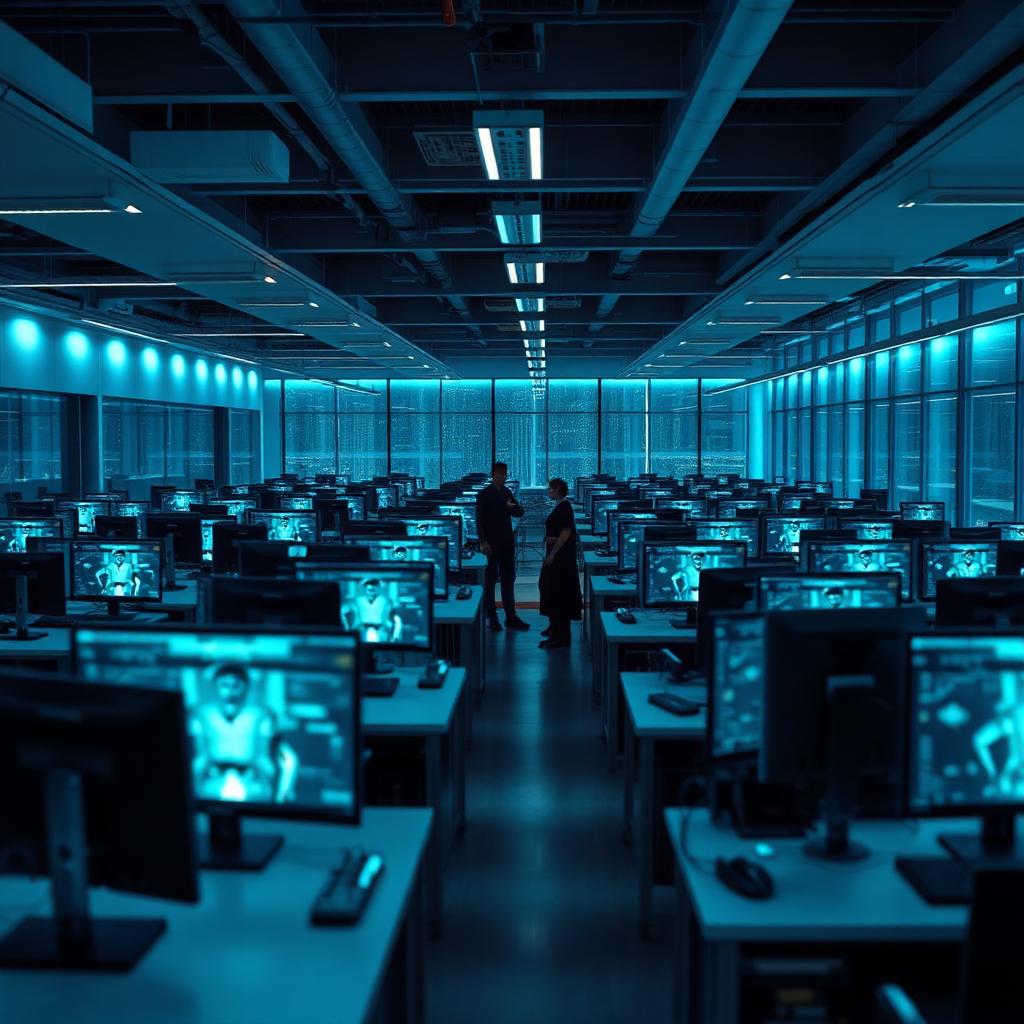 Moderná open-space kancelária s desiatkami AI agentov pracujúcich pri počítačoch.