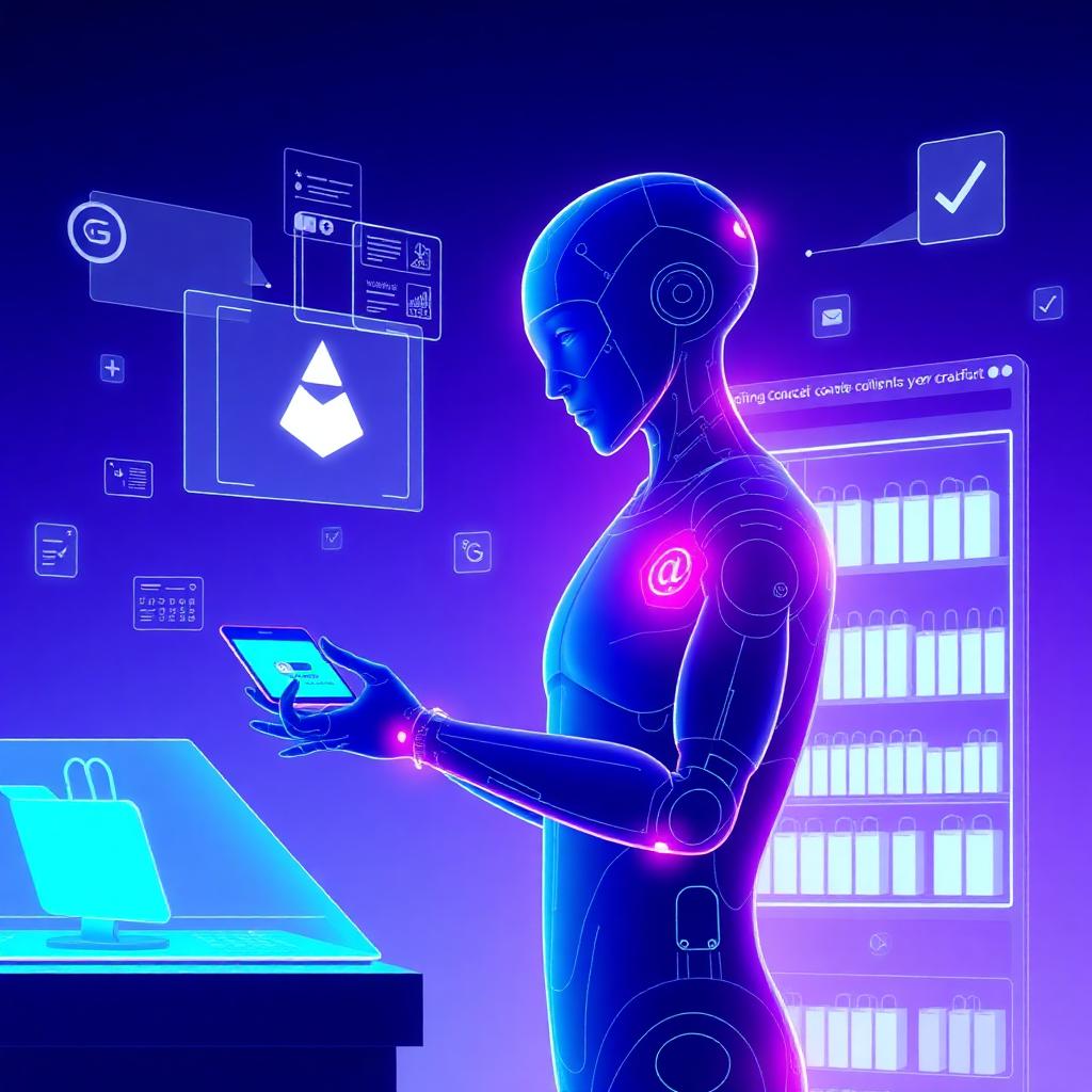 Humanoidný AI agent s holografickými e-commerce rozhraniami platí kartou.