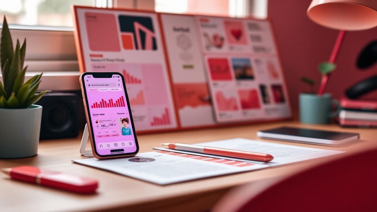 Smartphone s dashboardom Meta Ads kampane na stole marketéra s mood boardom.