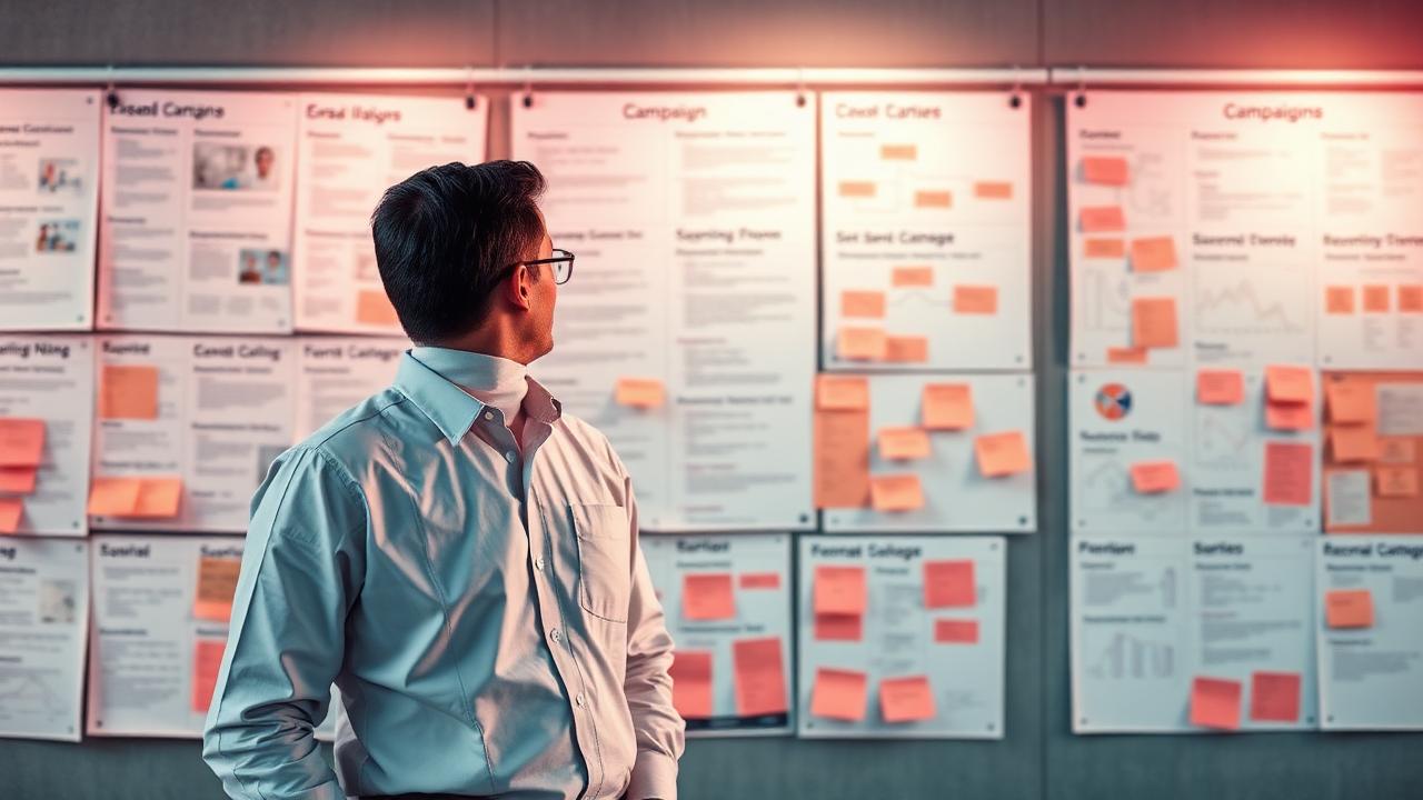 Marketingový stratég pred stenou s vytlačenými plánmi kampaní a poznámkami.