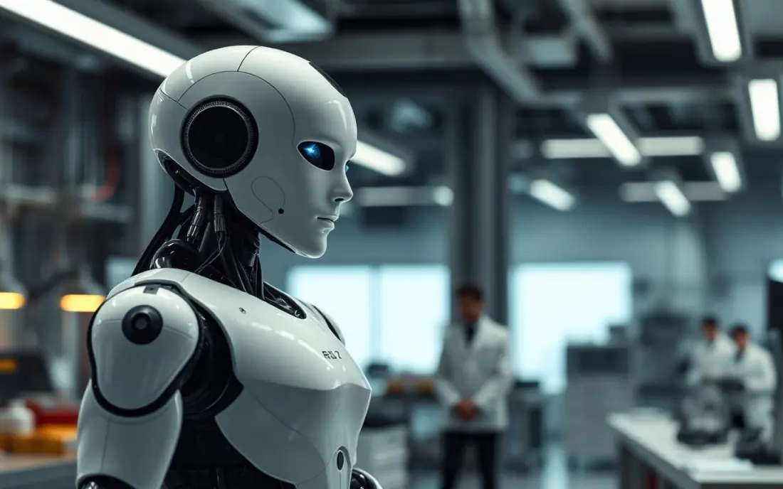 Humanoidný robot s logom Meta na hrudi v priemyselnom prostredí.