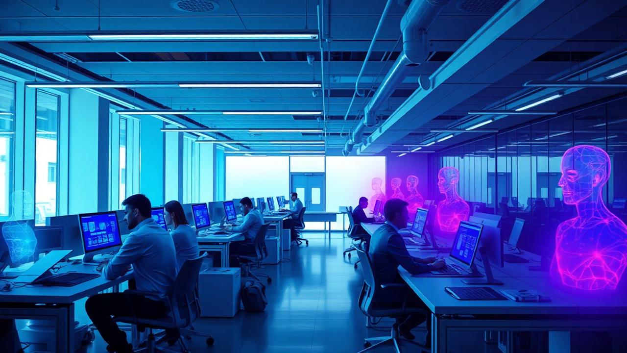 Open space kancelária, ľudia pracujú spolu s holografickými AI agentami za susednými stolmi.