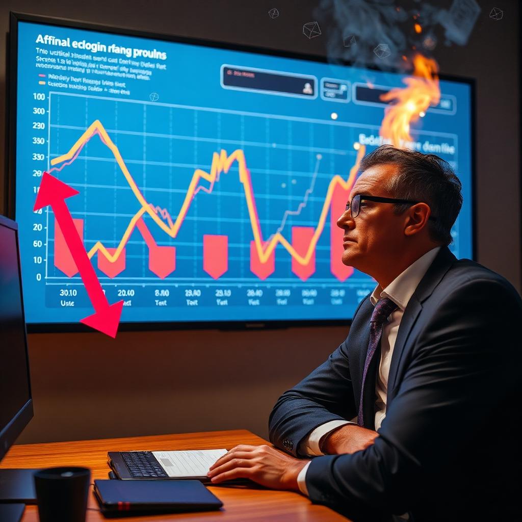 Stresovaný CFO sleduje vzplanutý graf rozpočtu na obrazovke.