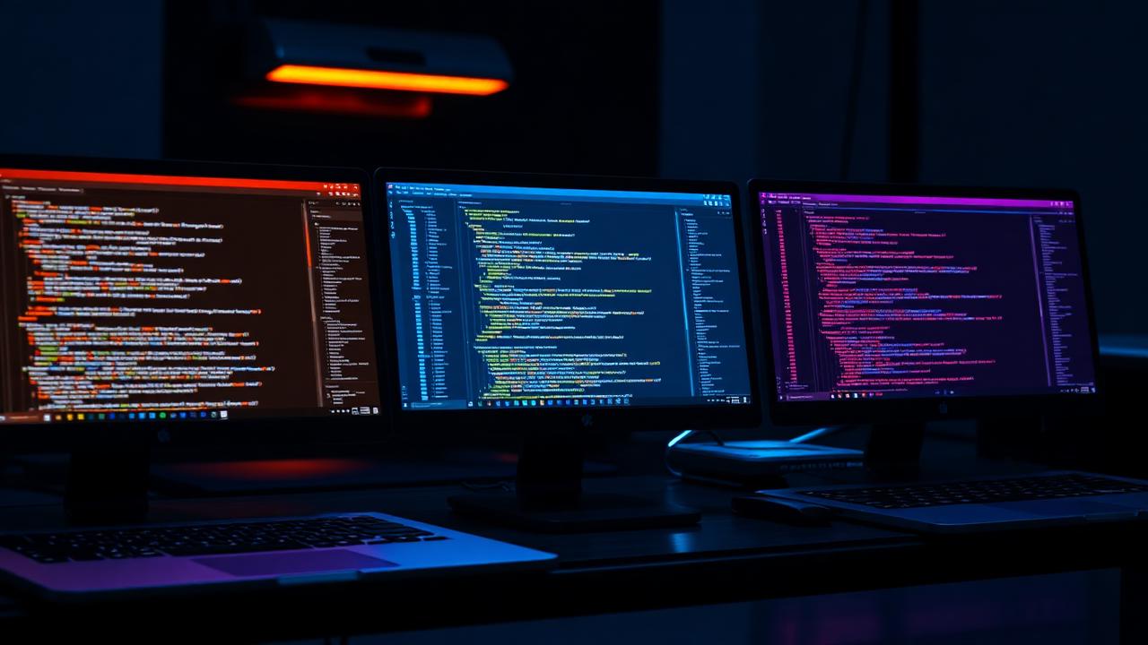 Tri monitory vedľa seba s rôznymi farebnými kódovými prostrediami — porovnanie vibe-coding nástrojov.