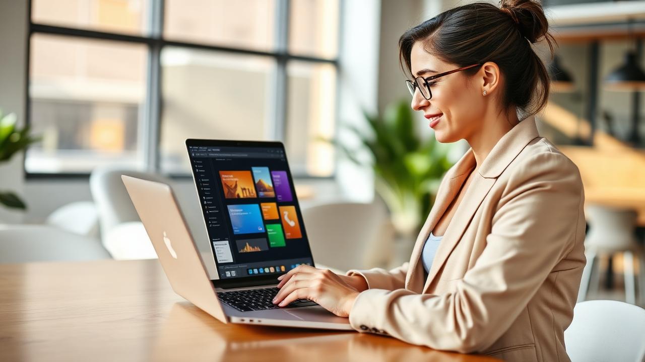 Zakladateľka firmy v moderne zariadenom coworkingu stavia aplikáciu na laptope.